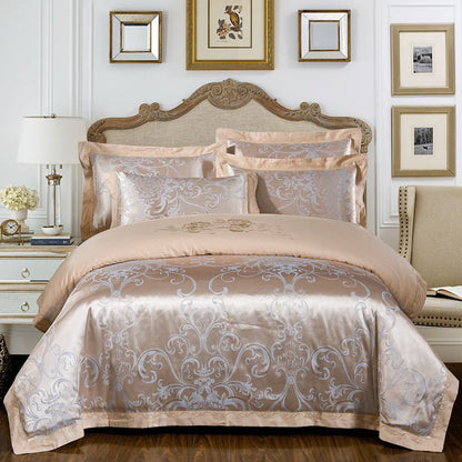 Parure de lit 4 pièces en jacquard de coton – Housse de couette et ensemble de draps à broderies florales pour mariage