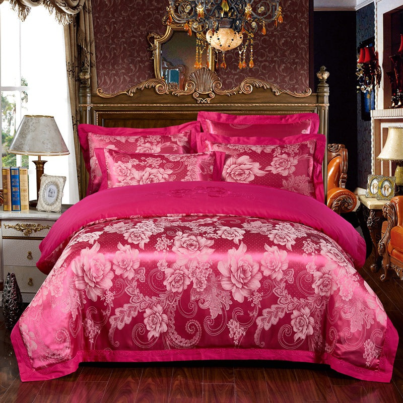 Parure de lit 4 pièces en jacquard de coton – Housse de couette et ensemble de draps à broderies florales pour mariage