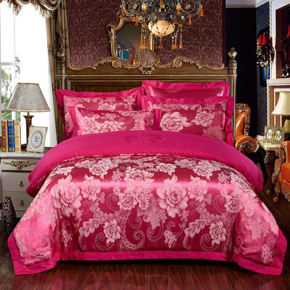 Parure de lit 4 pièces en jacquard de coton – Housse de couette et ensemble de draps à broderies florales pour mariage