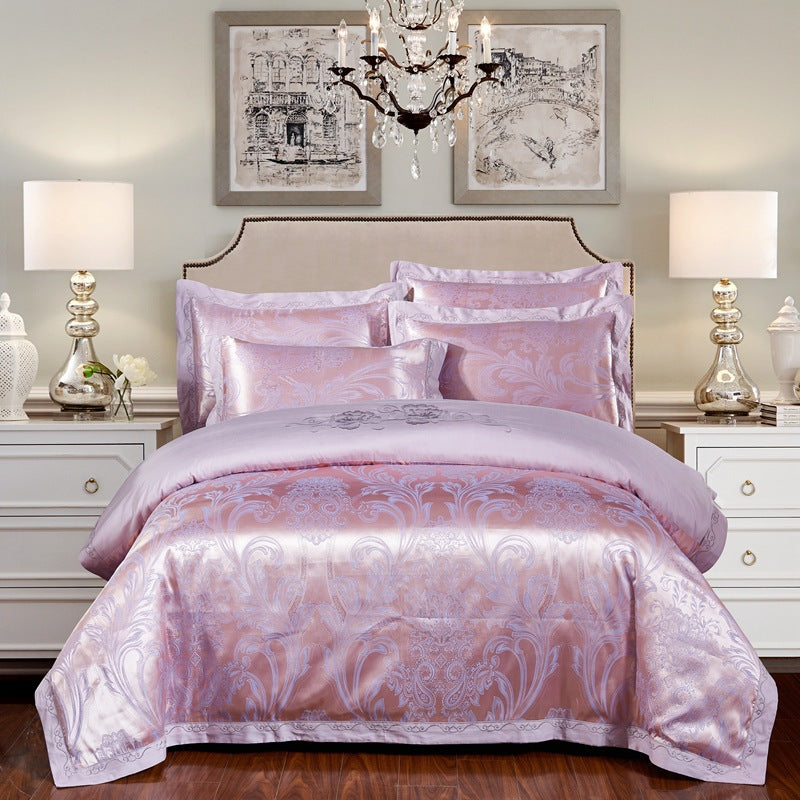 Parure de lit 4 pièces en jacquard de coton – Housse de couette et ensemble de draps à broderies florales pour mariage