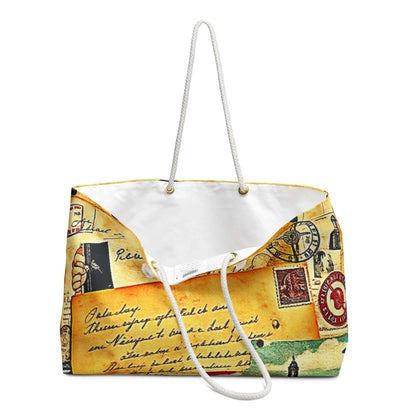 Sac polochon cartes postales de voyage vintage | Collage de timbres rétro, grand sac fourre-tout