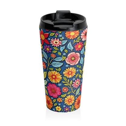 Mug de voyage en acier inoxydable à motif floral coloré | Gobelet de voyage floral