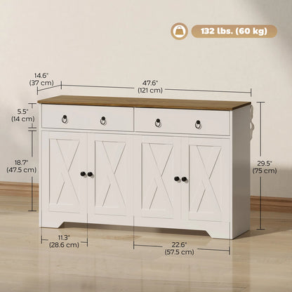 Buffet de cuisine blanc – 2 tiroirs, 4 portes de style grange et étagères réglables (Livraison aux États-Unis et au Canada uniquement)