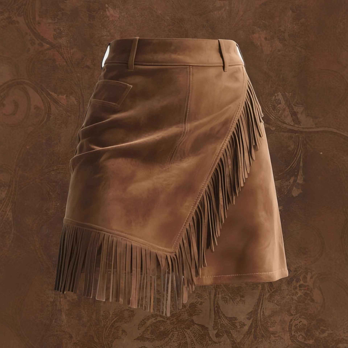 Jupe courte rétro style western en daim pour femme - Jupe moulante à franges