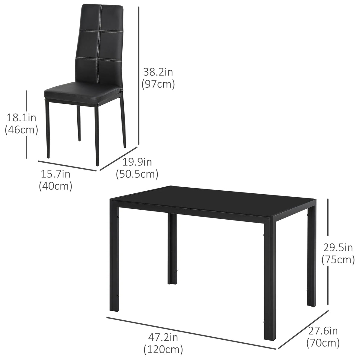 5-Piece Black Glass Dining Table Set – Rectangular Kitchen Table with 4 Faux Leather Chairs (United States & Canada Delivery Only)
