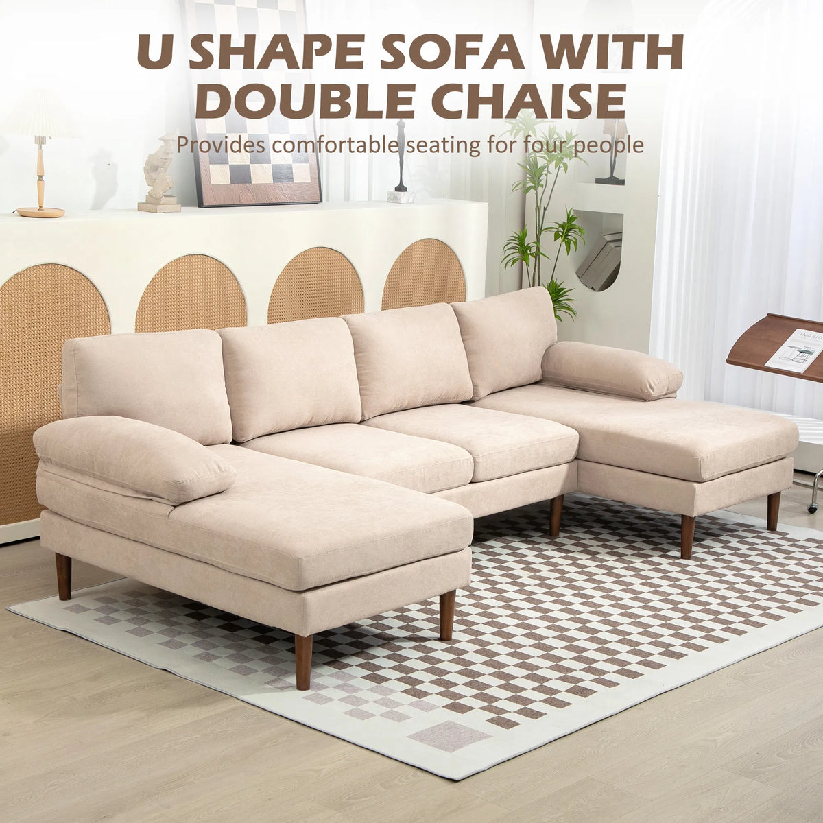 Beige U-Shaped Sectional Sofa – 4-Seater Fabric Couch with Double Chaise Lounge & Wooden Legs (United States & Canada Delivery Only)