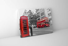 Impression sur toile – Bus à impériale rouge iconique et cabine téléphonique – Décoration murale