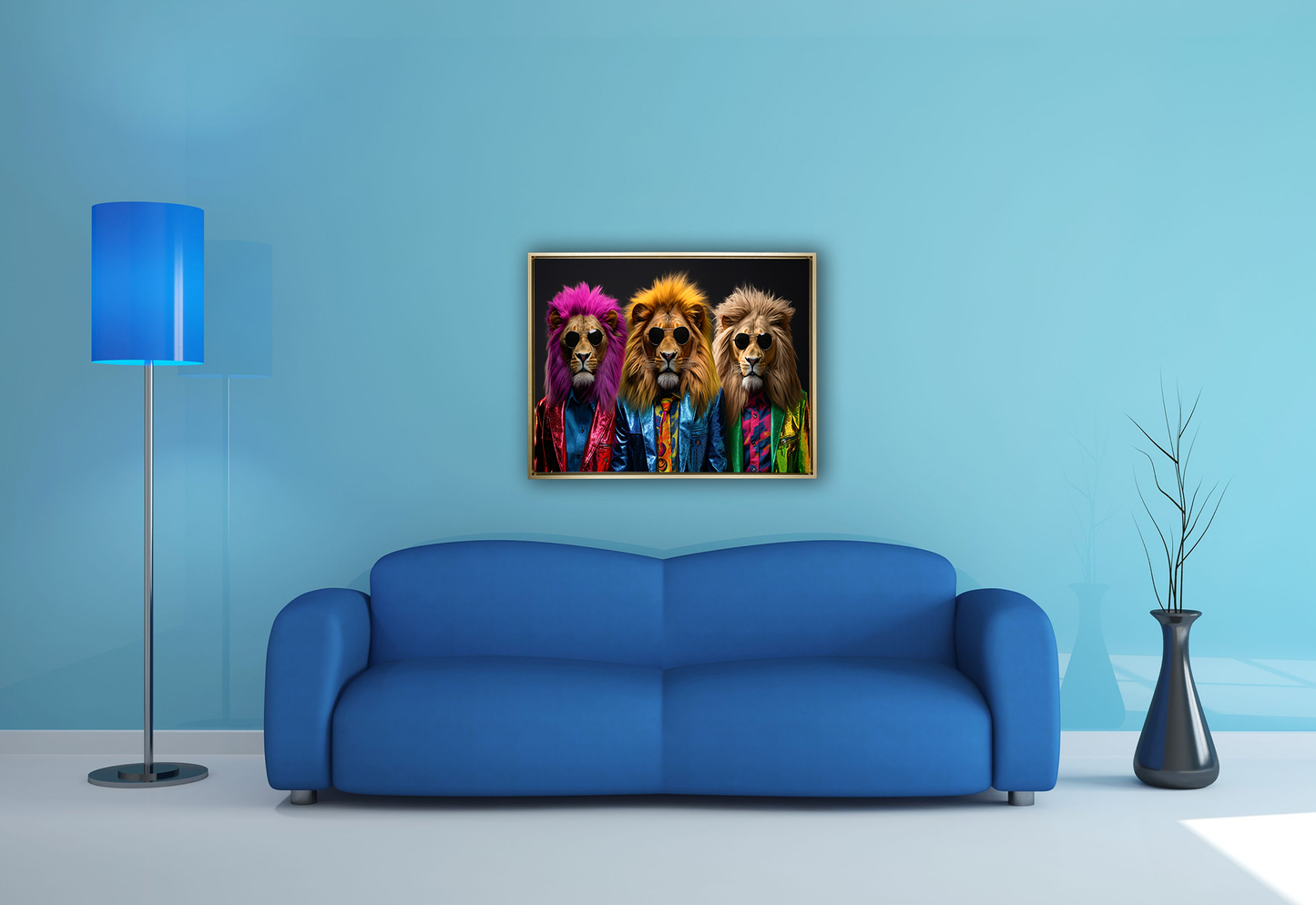 Décoration murale Faune sauvage - Les trois lions cools - Impression sur toile - Vernis doré