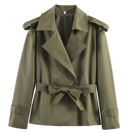 Trench court ceinturé uni pour femme – Veste courte style européen avec nouage à la taille