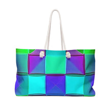 Sac de voyage à motif géométrique sarcelle et violet | Grand sac fourre-tout au design cubique coloré