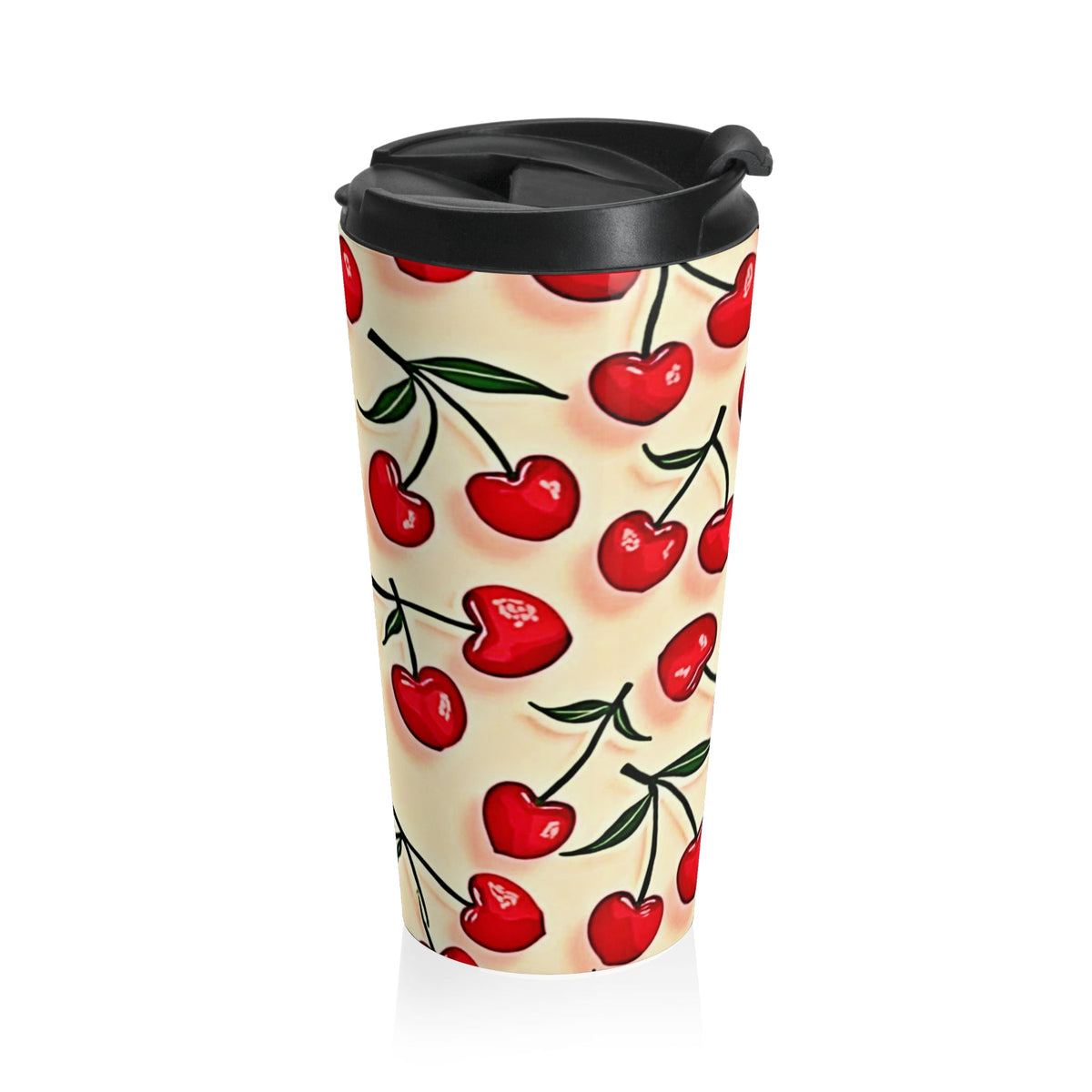 Mug de voyage en acier inoxydable à motif cerises — Gobelet isotherme rétro à cerises rouges