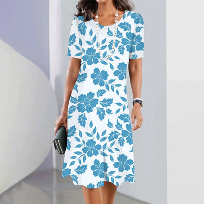 Robe de soirée à imprimé floral 3D pour femme – Robe élégante bleue sans manches à col rond