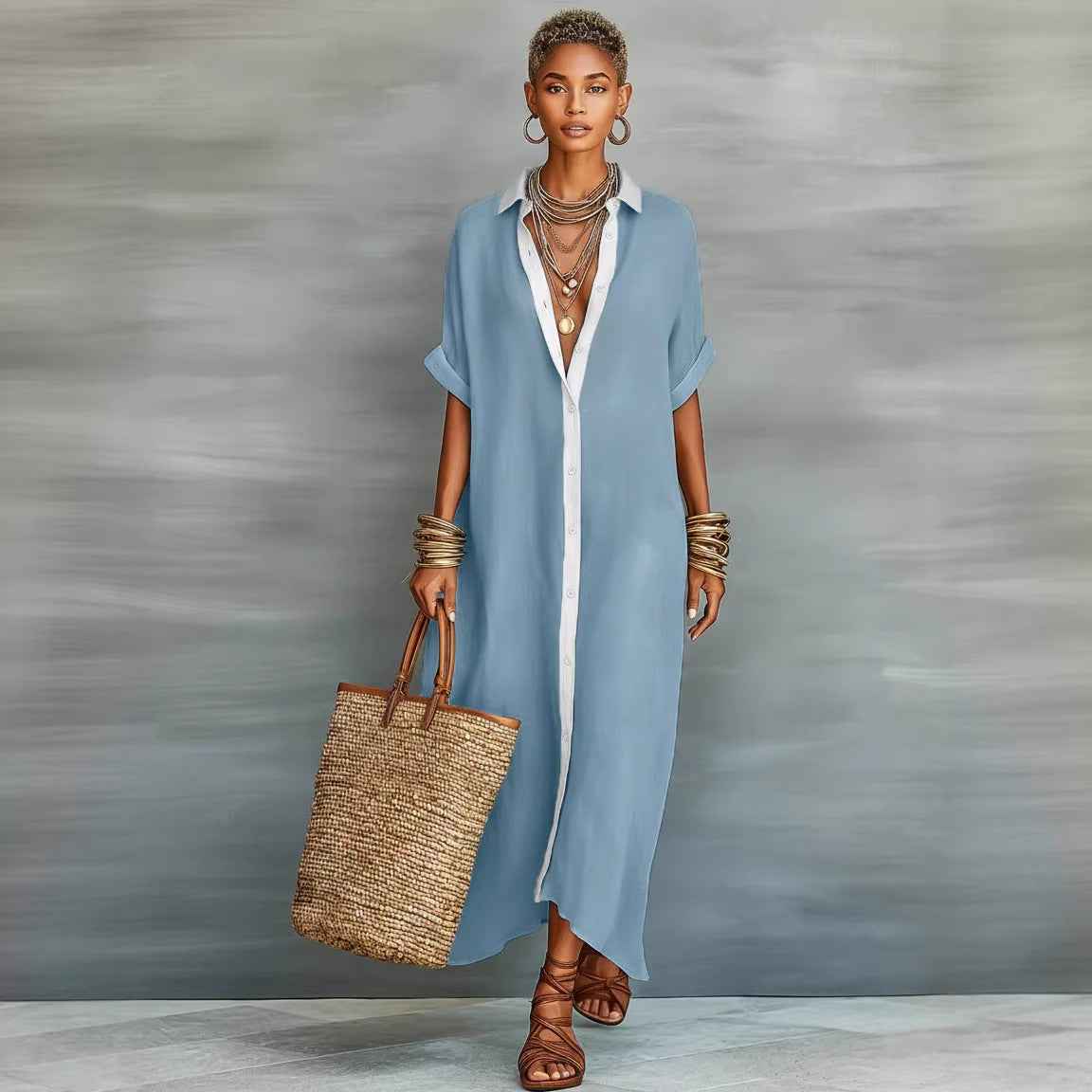 Robe chemisier d'été à manches courtes pour femme – Robe longue à col à revers et boutonnage à l'avant