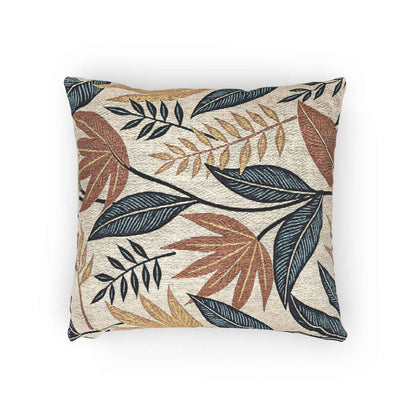 Oreiller tissé à motif de feuilles tropicales | Coussin décoratif botanique, design bleu rouille neutre
