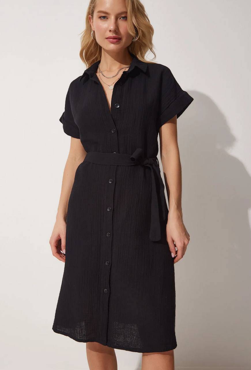 Chemise boutonnée à manches courtes retroussées - Noir