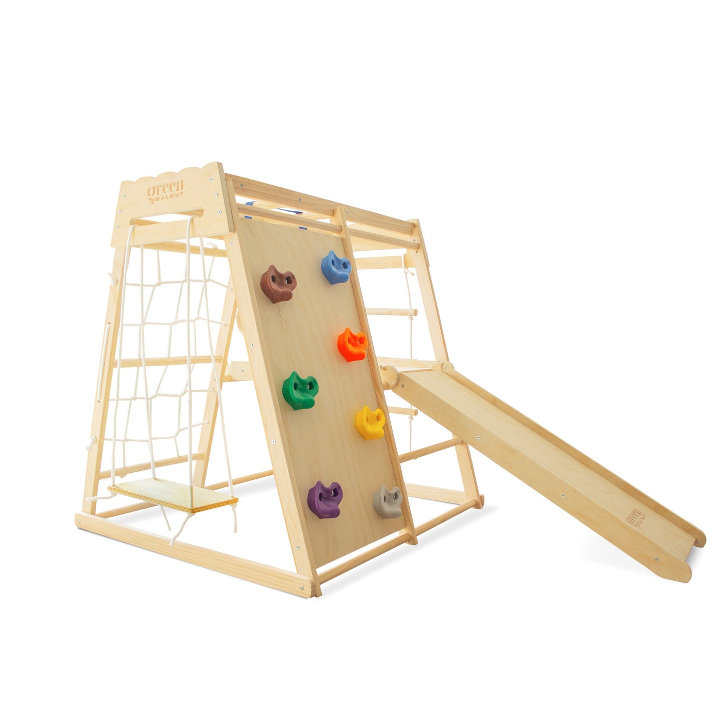 Portique d'escalade en bois 7-en-1 avec toboggan, filet d'escalade et balançoire pour enfants