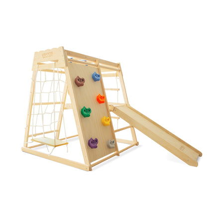 Portique d'escalade en bois 7-en-1 avec toboggan, filet d'escalade et balançoire pour enfants