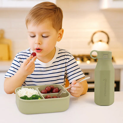 Ensemble boîte à bento en silicone et bouteille d'eau – Récipient alimentaire antifuite à 3 compartiments pour enfants et adultes