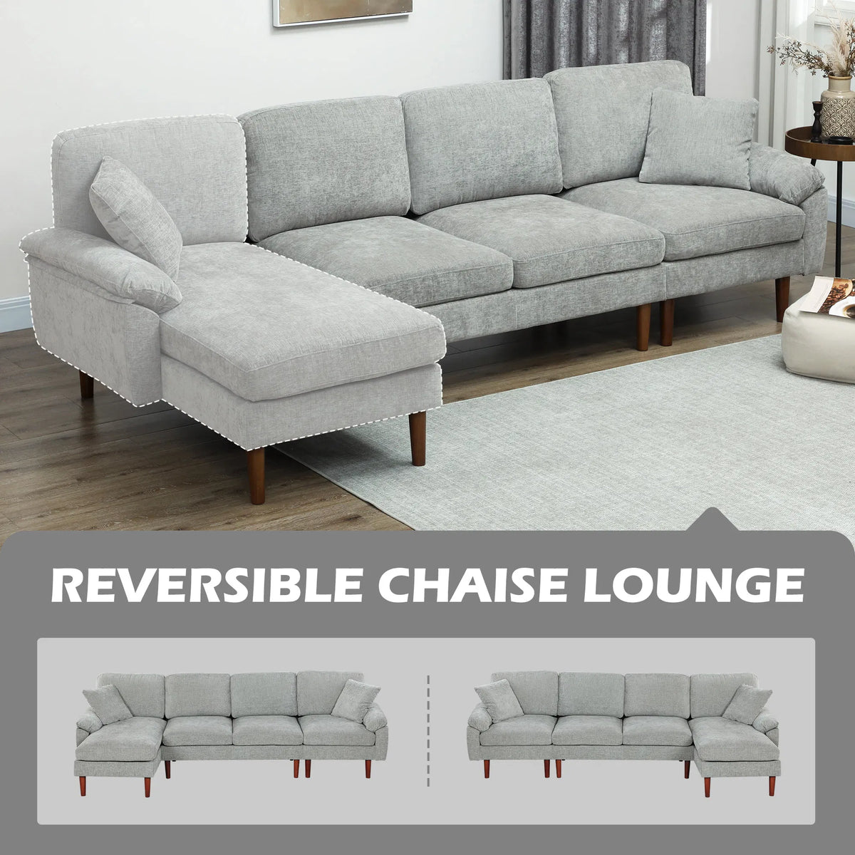 Grey L-Shape Sectional Sofa – Modern Reversible Chaise Couch with Pillows & Wooden Legs (United States & Canada Delivery Only)