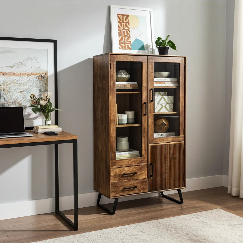 Arezzo mango wood cabinet with glass doors