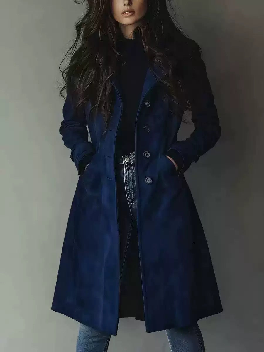 Trench-coat à revers en daim pour femme – Veste mi-longue ceinturée pour l'automne et l'hiver