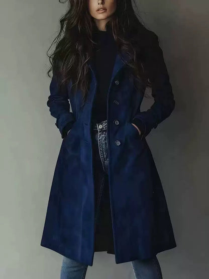 Trench-coat à revers en daim pour femme – Veste mi-longue ceinturée pour l'automne et l'hiver