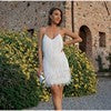 Robe courte à sequins avec plumes et franges pour femme – Robe de soirée à col en V et bretelles spaghetti