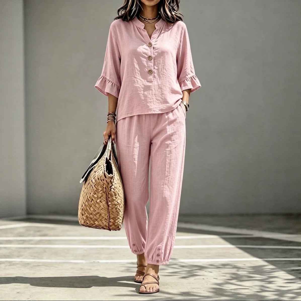 Ensemble décontracté pour femme : haut à col en V et pantalon court à jambes larges – Tenue de bureau rétro