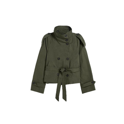 Trench-coat rétro à double boutonnage pour femme – Veste courte à manches longues, col à revers et fermeture à nouer