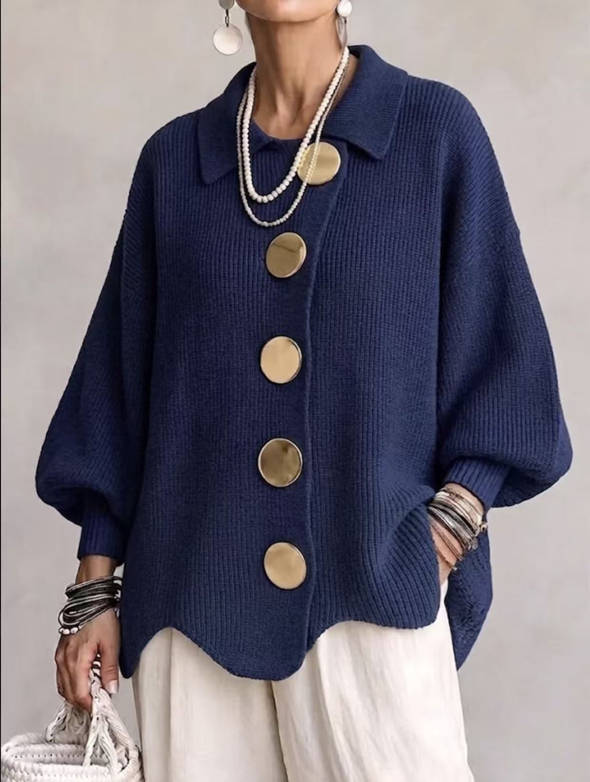 Gilet en maille boutonné pour femme – Pull automne-hiver ample à manches longues et col à revers