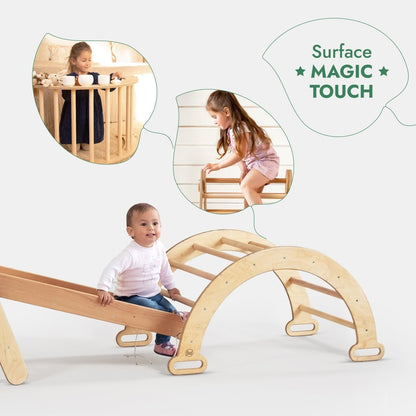 Ensemble de grimpe Montessori 4-en-1 : Échelle triangulaire + Arche/Balançoire + Toboggan/Rampe + Corde à grimper