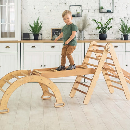 Ensemble de grimpe Montessori 4-en-1 : Échelle triangulaire + Arche/Balançoire + Toboggan/Rampe + Corde à grimper