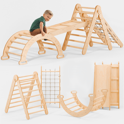Ensemble de grimpe Montessori 4-en-1 : Échelle triangulaire + Arche/Balançoire + Toboggan/Rampe + Corde à grimper