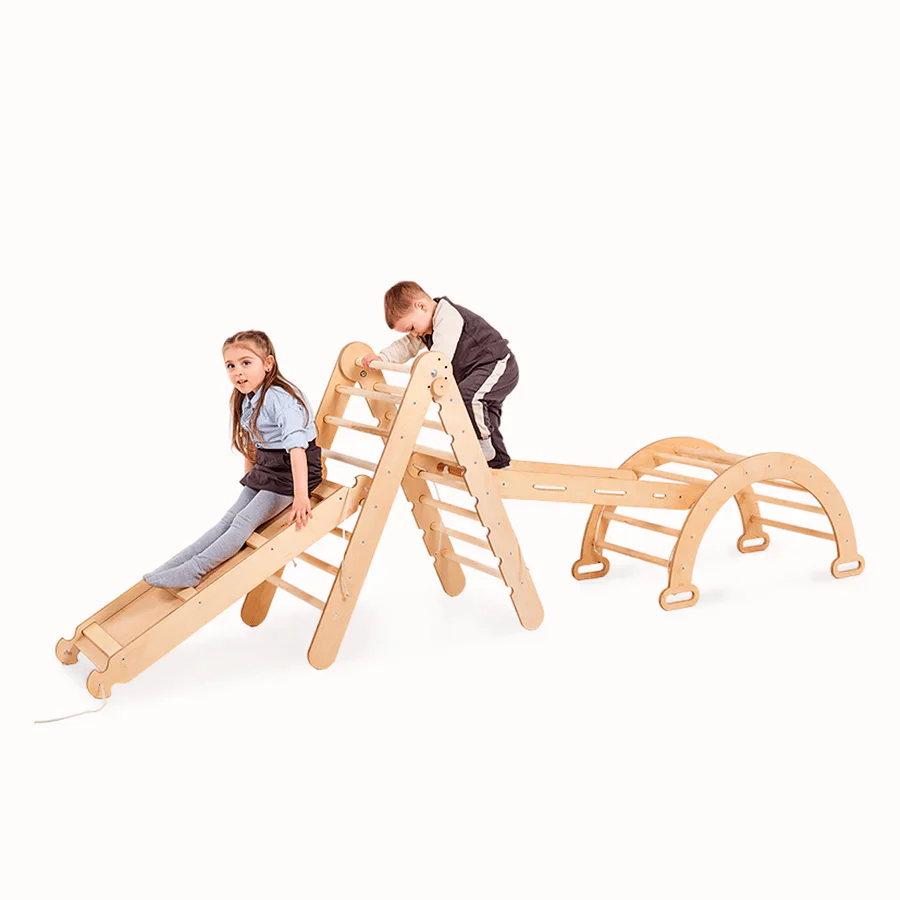 Ensemble de grimpe Montessori 4-en-1 : Échelle triangulaire + Arche/Balançoire + Toboggan/Rampe + Corde à grimper