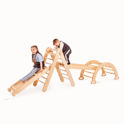 Ensemble de grimpe Montessori 4-en-1 : Échelle triangulaire + Arche/Balançoire + Toboggan/Rampe + Corde à grimper