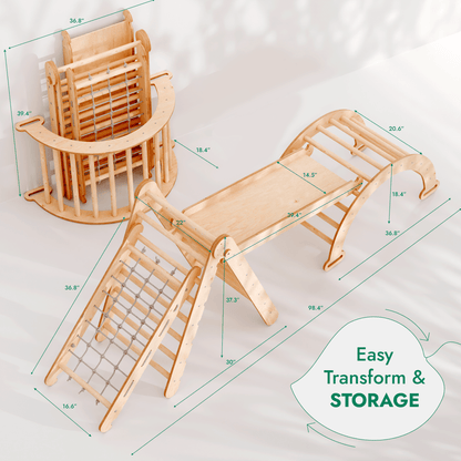 Ensemble de grimpe Montessori 4-en-1 : Échelle triangulaire + Arche/Balançoire + Toboggan/Rampe + Corde à grimper