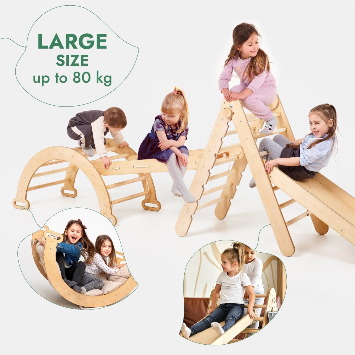 Ensemble de grimpe Montessori 4-en-1 : Échelle triangulaire + Arche/Balançoire + Toboggan/Rampe + Corde à grimper