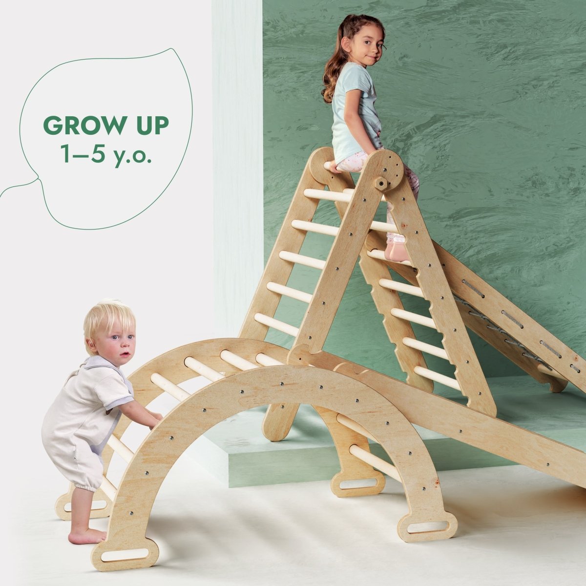 Ensemble de grimpe Montessori 4-en-1 : Échelle triangulaire + Arche/Balançoire + Toboggan/Rampe + Corde à grimper