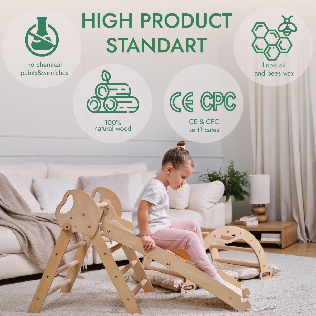 Escalade Montessori 4-en-1 : Triangle de Pikler + Arche + Planche de Glisse + Coussin pour tout-petits (1-3 ans) - Ivoire