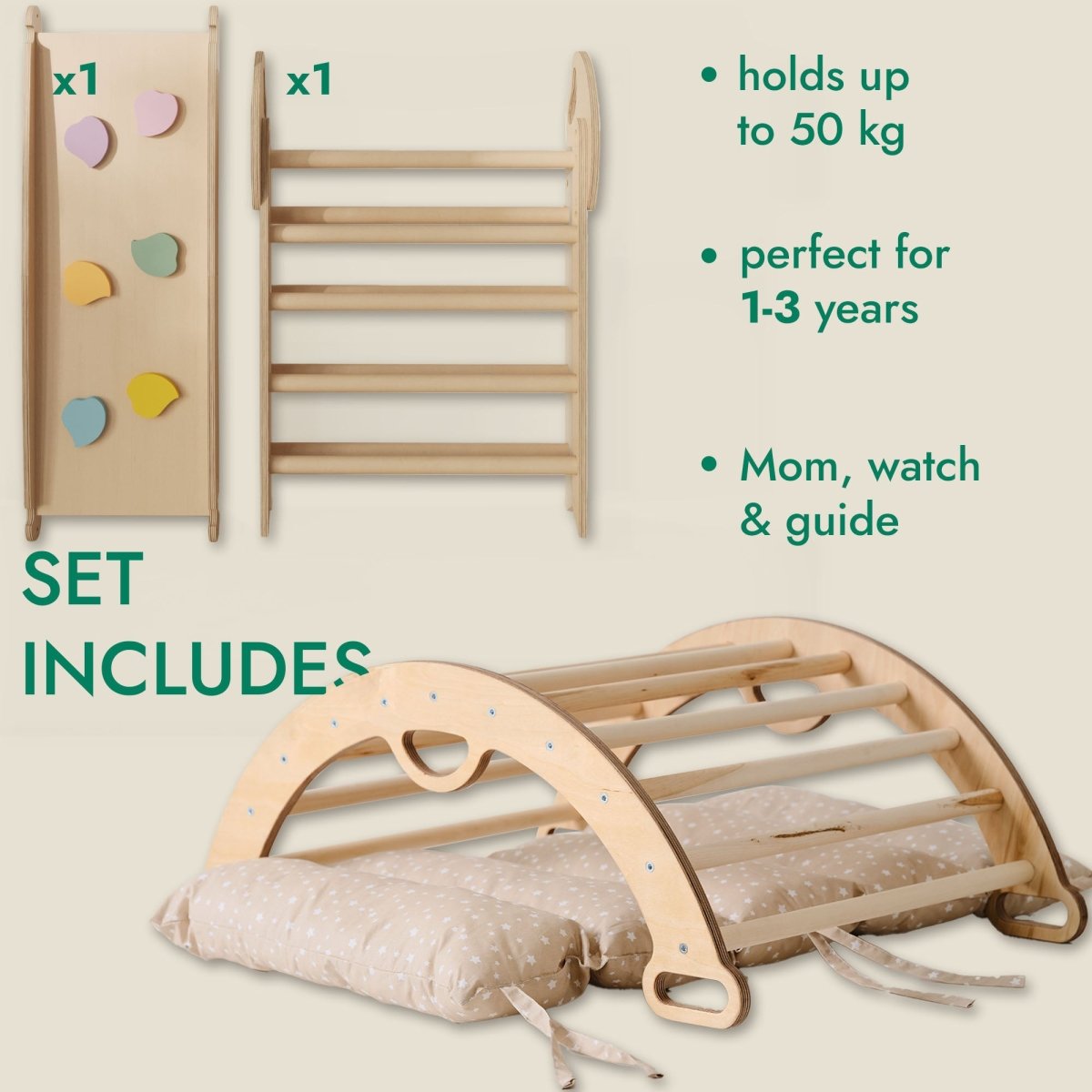 Escalade Montessori 4-en-1 : Triangle de Pikler + Arche + Planche de Glisse + Coussin pour tout-petits (1-3 ans) - Ivoire