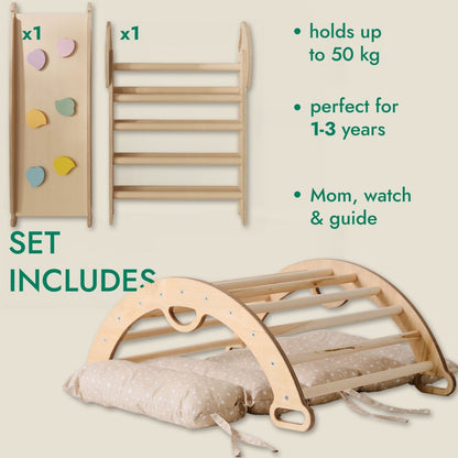 Escalade Montessori 4-en-1 : Triangle de Pikler + Arche + Planche de Glisse + Coussin pour tout-petits (1-3 ans) - Ivoire
