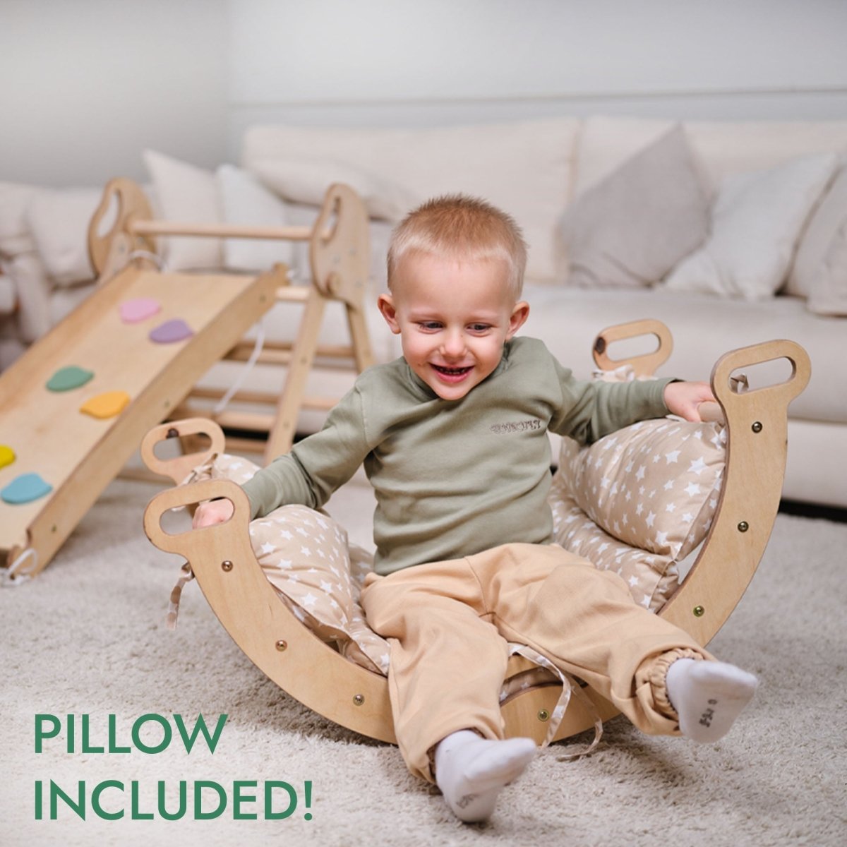 Escalade Montessori 4-en-1 : Triangle de Pikler + Arche + Planche de Glisse + Coussin pour tout-petits (1-3 ans) - Ivoire