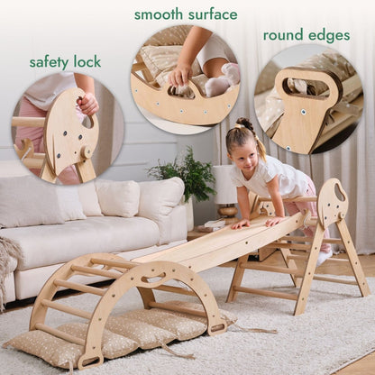 Escalade Montessori 4-en-1 : Triangle de Pikler + Arche + Planche de Glisse + Coussin pour tout-petits (1-3 ans) - Ivoire