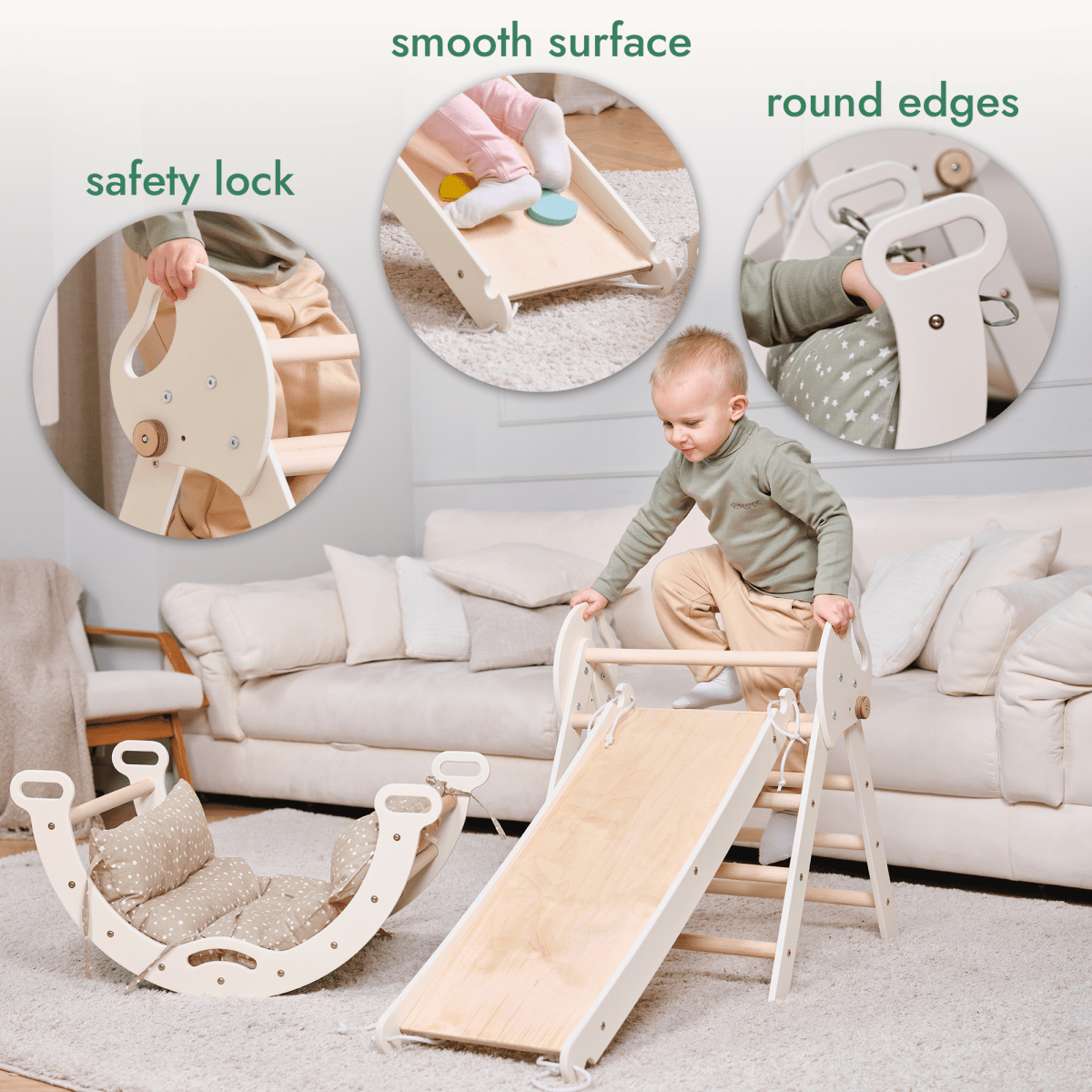 Escalade Montessori 4-en-1 : Triangle de Pikler + Arche + Planche de Glisse + Coussin pour tout-petits (1-3 ans) - Ivoire
