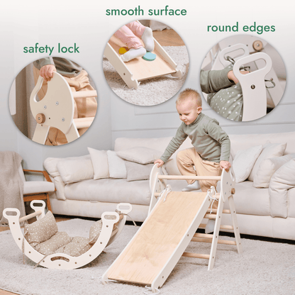 Escalade Montessori 4-en-1 : Triangle de Pikler + Arche + Planche de Glisse + Coussin pour tout-petits (1-3 ans) - Ivoire