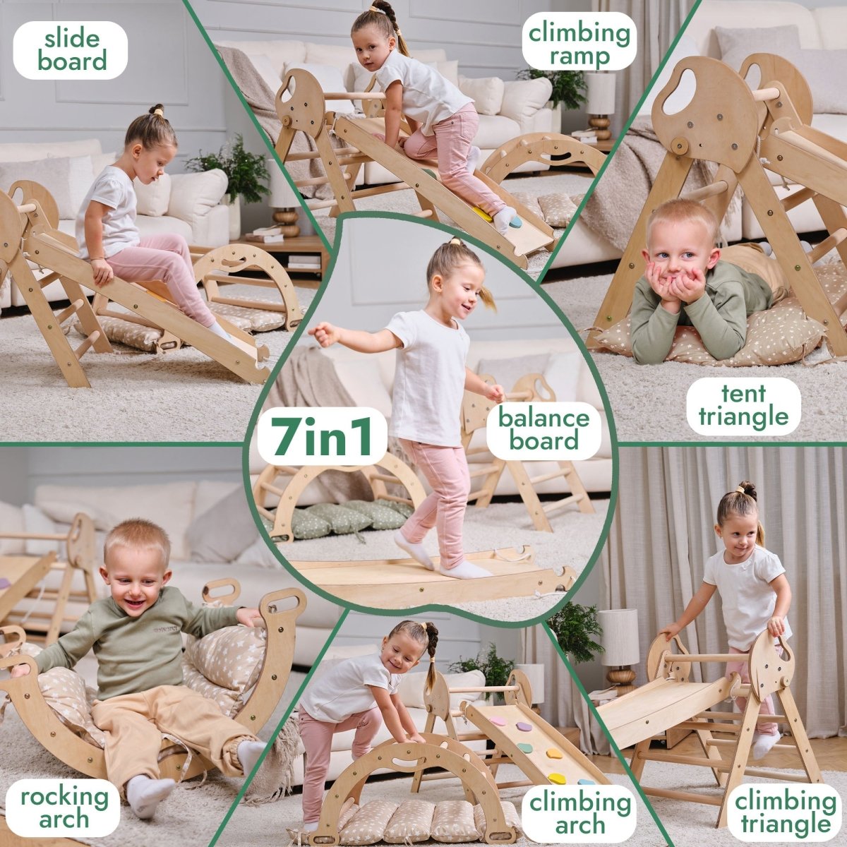 Escalade Montessori 4-en-1 : Triangle de Pikler + Arche + Planche de Glisse + Coussin pour tout-petits (1-3 ans) - Ivoire