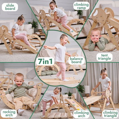 Escalade Montessori 4-en-1 : Triangle de Pikler + Arche + Planche de Glisse + Coussin pour tout-petits (1-3 ans) - Ivoire