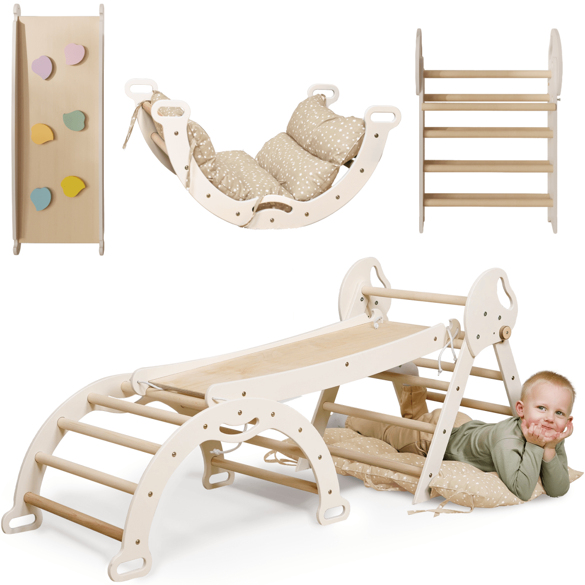 Escalade Montessori 4-en-1 : Triangle de Pikler + Arche + Planche de Glisse + Coussin pour tout-petits (1-3 ans) - Ivoire