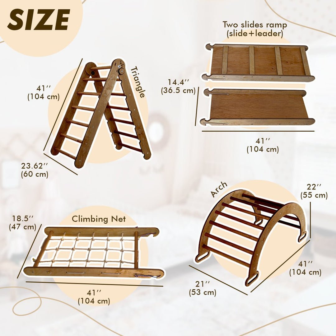 Ensemble d'escalade Montessori 4 en 1 : Échelle triangulaire + Arche/Balançoire + Toboggan/Rampe + Filet – Chocolat