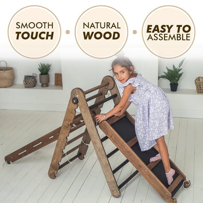 Ensemble d'escalade Montessori 4 en 1 : Échelle triangulaire + Arche/Balançoire + Toboggan/Rampe + Filet – Chocolat